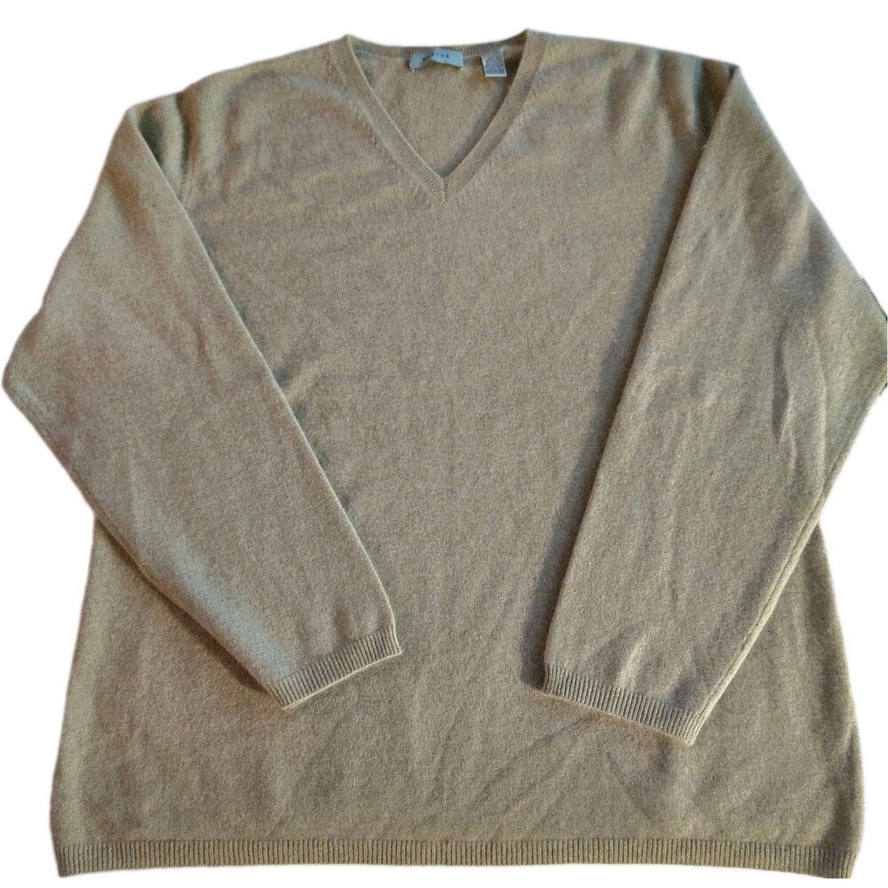 Geneva Women's 1X 100% Cashmere Knit Sweater Green Soft Luxury V-neck Pullover